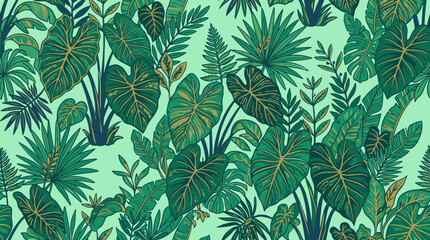 Lush Tropical Jungle Leaves Seamless Pattern, Exotic Greenery Background © alifya