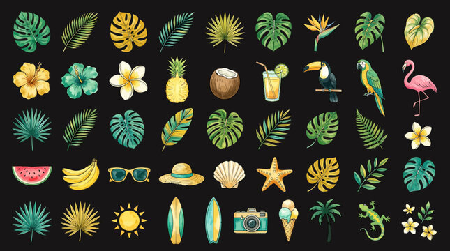 Tropical Summer Collection: Leaves, Fruits, Animals, Beach Items - Watercolor