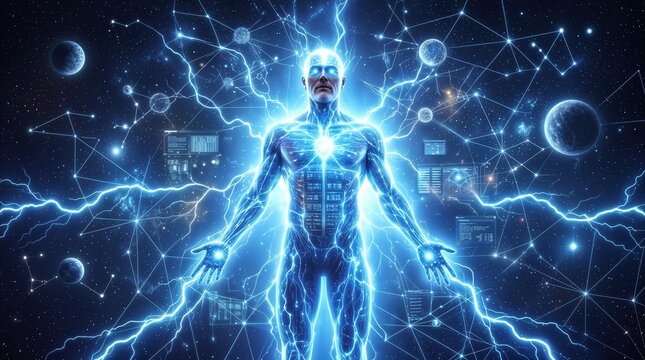 Cosmic entity composed of blue energy and electrical bolts standing in deep space. Transhumanist being connected to a neural network of stars and planets.