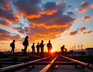 Fototapeta premium Silhouetted Construction Workers Sunset Industrial Roof