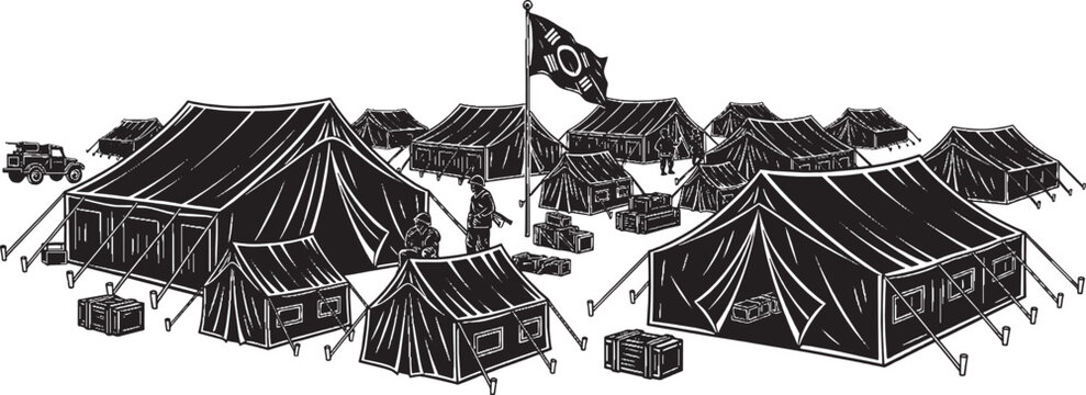 Black and white illustration of a large military field camp with multiple tents and flags isolated on transparent background, Vector