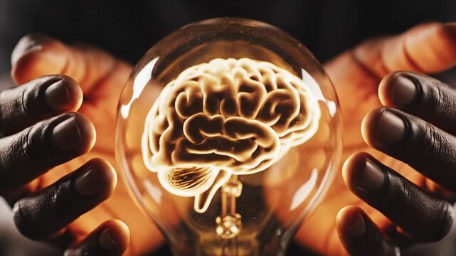 Human hands cupping a glowing lightbulb with a brain inside against a dark background symbolizing innovation and ideas