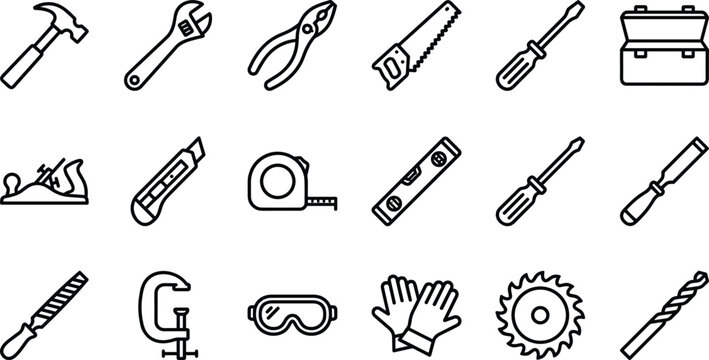 Hand tools and carpentry equipment line icon set featuring hammer wrench saw screwdriver tape measure and safety gear vector illustration