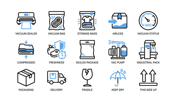 Packaging icons showing vacuum sealing and handling, white background