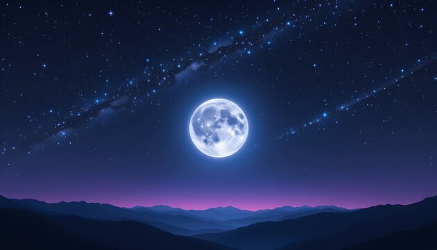 Serene Night Sky with Full Moon and Twinkling Stars