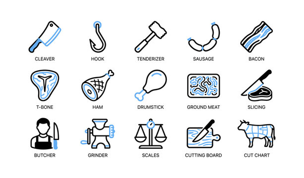Butchery icons of tools and meat items on white grid