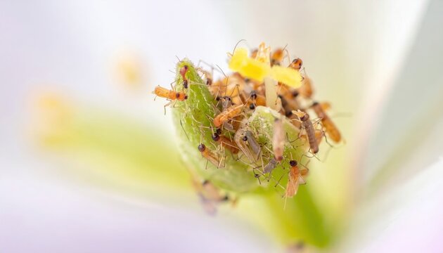 A dense swarm of tiny thrips insects infesting a delicate green flower bud