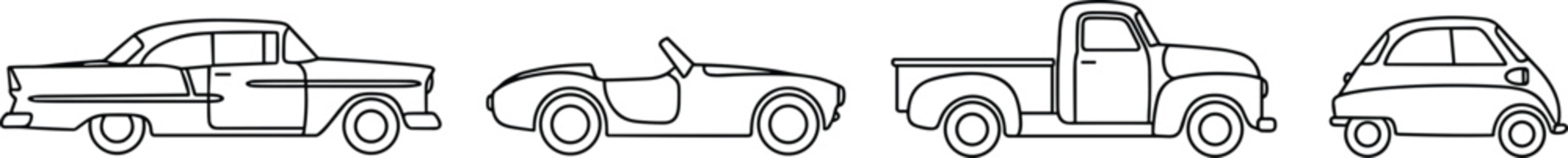 Classic retro vintage car and pickup truck line art icon set featuring old automobile models isolated on white background vector illustration