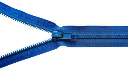 Isolated vibrant blue zipper, partially unzipped, plastic teeth and slider, a versatile fashion accessory. © David