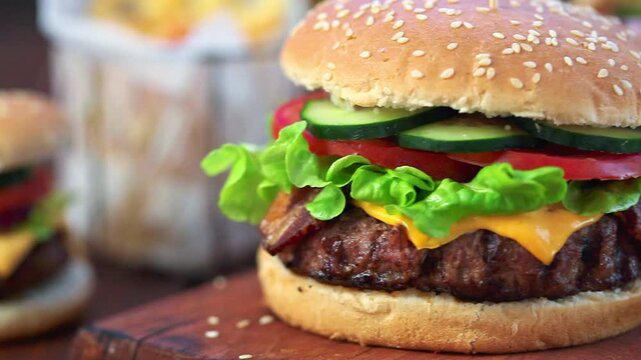 American Burger with bacon, cheese, tomato, lettuce and french fries at a Picnic for 4th of July