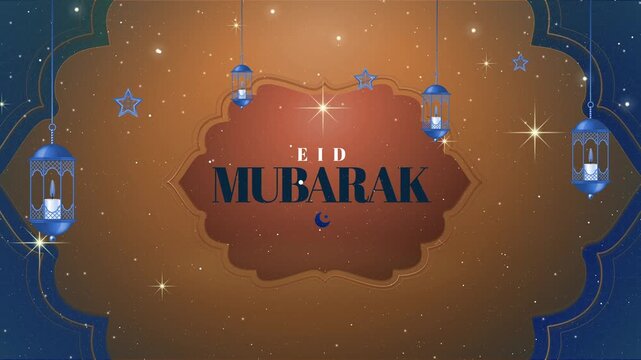 Eid Mubarak festive background with blue lanterns and sparkling stars
