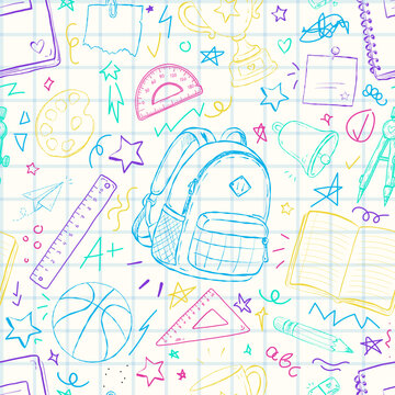 School notebook doodles pattern. Back to school background with notebooks, backpack and pencils. Seamless hand drawn educational doodle for classroom decoration vector illustration.