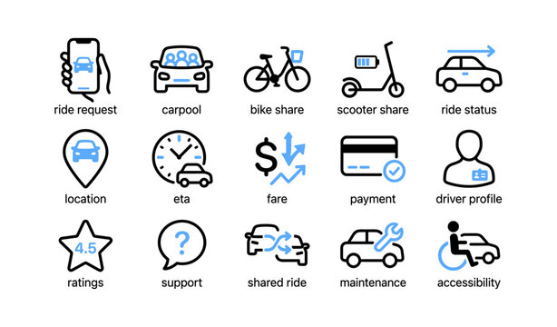 Ride share and mobility icons showing services and status indicators