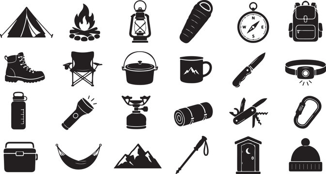 Comprehensive set of black vector icons depicting essential camping and hiking equipment for outdoor adventure trips and wilderness travel activities