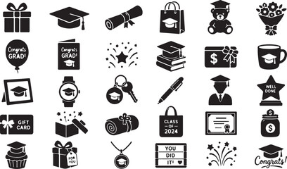 Fototapeta premium Professional vector illustration set featuring various black graduation icons including diplomas caps gifts and celebration elements for academic success projects