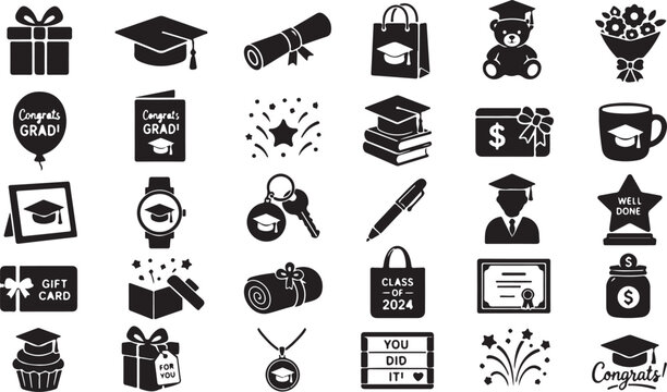 Professional vector illustration set featuring various black graduation icons including diplomas caps gifts and celebration elements for academic success projects