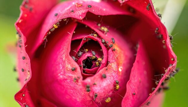 A Swarm of Thrips Infests a Wilting Red Rose Bud, Revealing the Unsettling Close-up Detail of the Garden Pest's Multitude