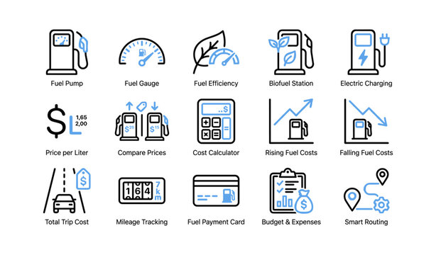 Fuel and trip icons showing stations costs and routing on white