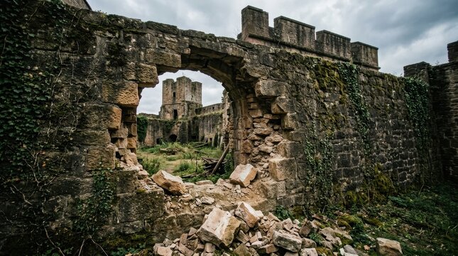 Crumbling ancient castle ruins with stone archway revealing weathered architecture and overgrown courtyards