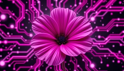 Obraz premium Vibrant Neon Flower Amidst Hightech Circuitry