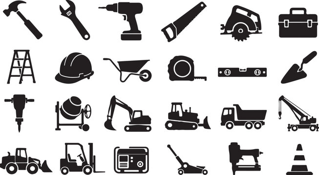 Set of black silhouette vector icons representing various professional construction tools and heavy machinery equipment for building site work projects
