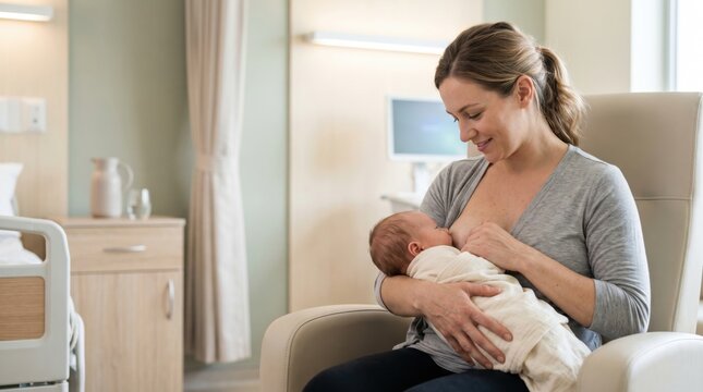 Mother nursing newborn baby in clinic room