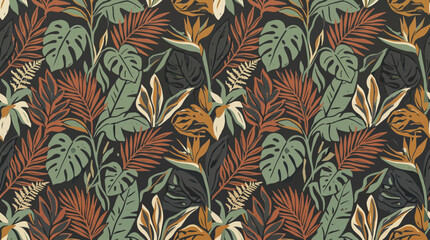 Obraz premium Tropical Jungle Leaf Pattern: Exotic Foliage, Bird of Paradise, Dark Background