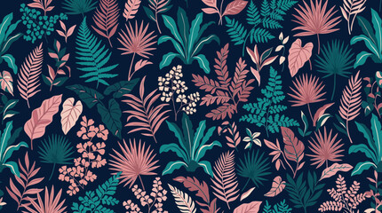 Tropical Botanical Pattern: Pink and Teal Leaves on Dark Blue Background © Nur