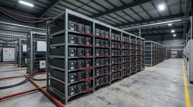 Large industrial battery storage system rack full of units connected with wires