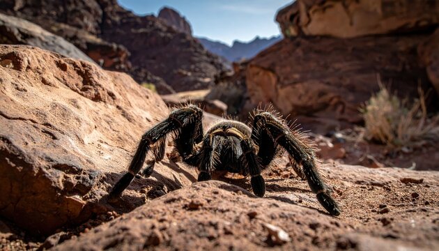 Furry tarantula emerging from rocky desert burrow