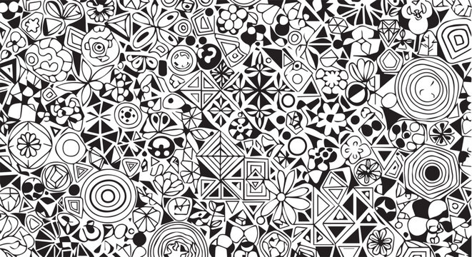 "Intricate Geometric and Floral Doodle Seamless Pattern - Abstract Black and White Zentangle Background"