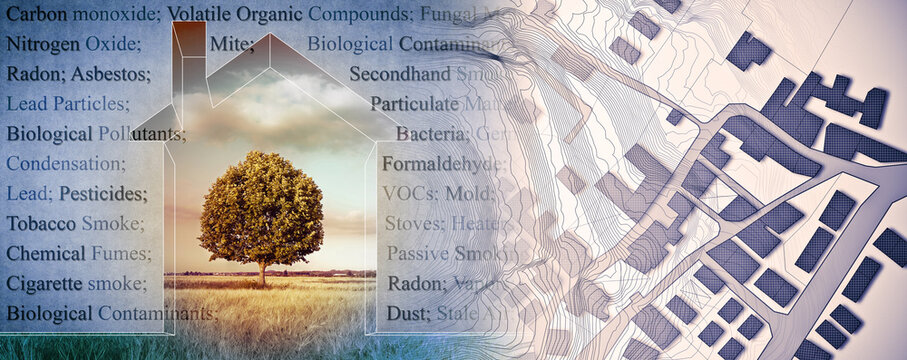 THE MOST COMMON DANGEROUS DOMESTIC POLLUTANTS WE CAN FIND IN OUR HOMES - Concept with imaginary city map and home icon