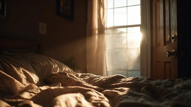 Golden morning sunlight streams through a bedroom window onto an unmade bed with rumpled linen sheets and pillows
