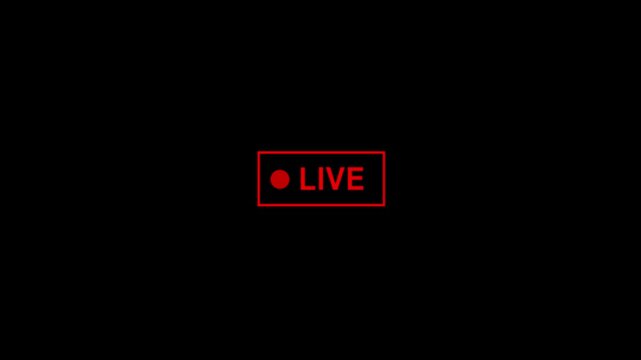 Animation of live button with transparent background, 4k black background icon animation, live streaming and broadcasting with alpha channel.