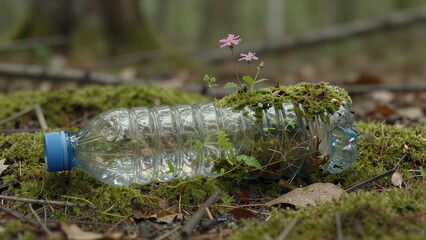 Fototapeta premium Plastic bottle in forest, covered with moss and tiny pink flowers growing through it.