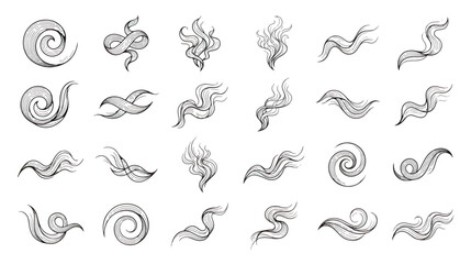 Minimalist smoke trail vector icons, 24 black line steam and wind swirl elements, elegant curved vapor wisps for coffee and food branding © Sidra
