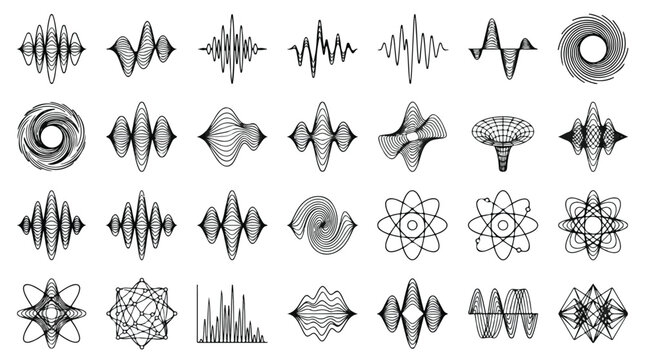 Abstract sound wave icons set, black linear audio frequency symbols, 28 geometric waveform elements for music production and digital signal processing