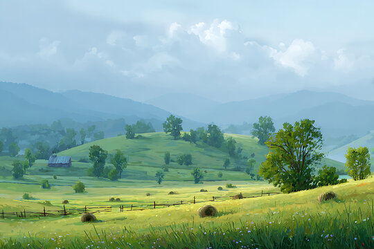 Rolling green hills with hay bales under a cloudy sky.