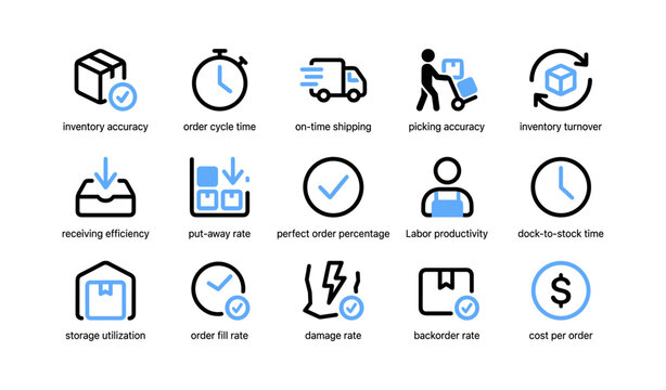 Warehouse performance icons showing logistics metrics