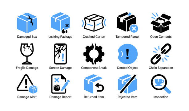 Package damage and inspection icons showing damaged parcels on white