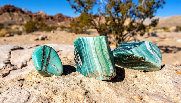 Raw Amazonite Chunks with Distinct Turquoise and Green Striations Resting on a Rocky Surface in a Desert Landscape