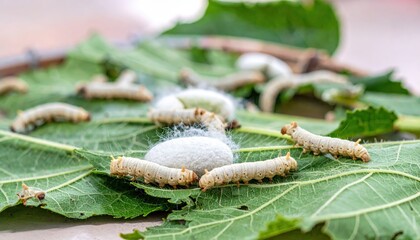 Fototapeta premium Silkworms meticulously spinning cocoons on vibrant green mulberry leaves, a natural transformation process unfolds.