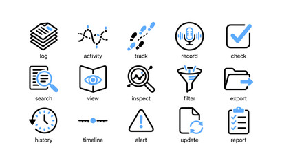 Naklejka premium Monitoring and analytics icons showing tracking and logs on white