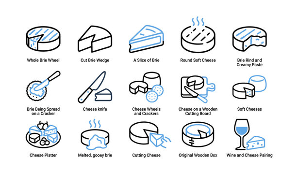 Cheese icons showing brie varieties and serving scenes on white