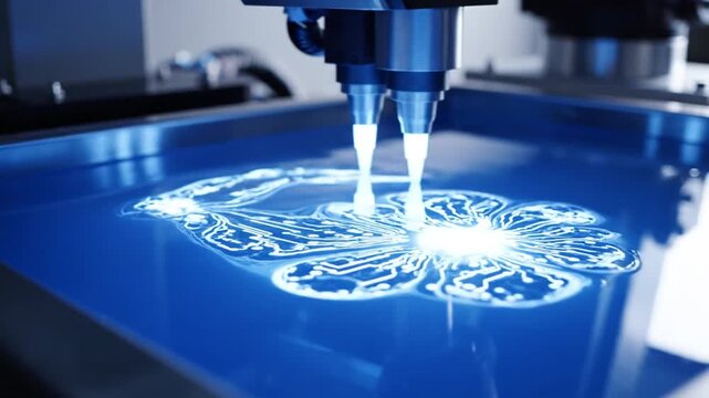 Industrial dual nozzle laser head processing a blue surface in a high tech manufacturing facility