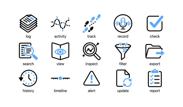 Monitoring and analytics icons showing tracking and logs on white