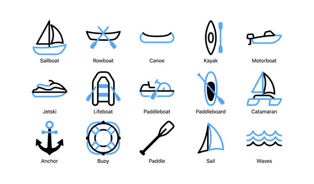 Boat and watercraft icons showing different vessel types on white