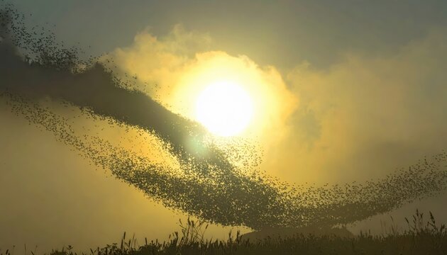 Thousands of gnats swirl in a vortex around bright sunlight in a hazy wide