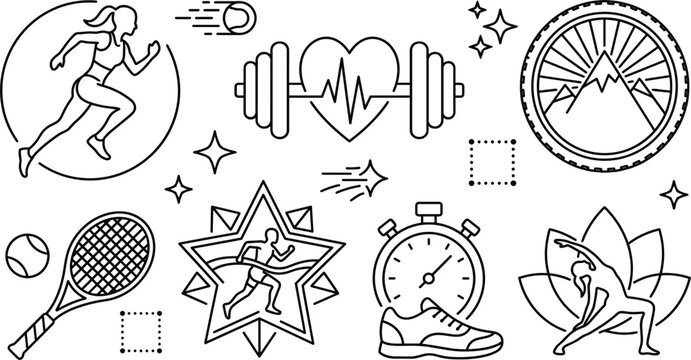 Fitness sports and wellness icon set line art vector illustration isolated on white background for coloring book page