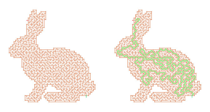Outline of two rabbits in maze pattern with contrasting colors  
